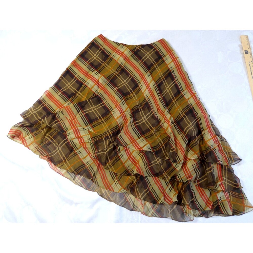 Worth New York 100% Silk Plaid Skirt Ruffle Front Size 2 Luxury